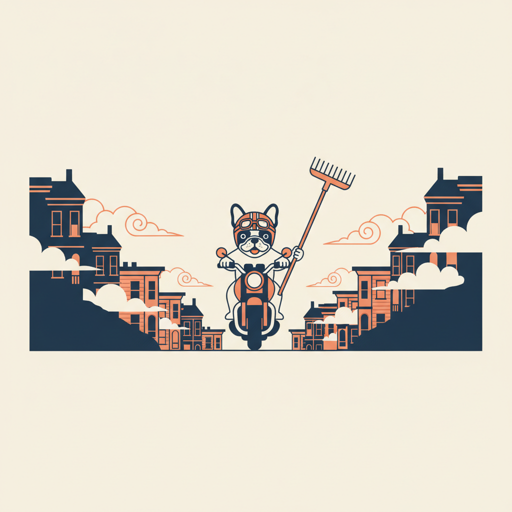 MotoPoopers mascot — a dog on a motorcycle carrying a scoop
